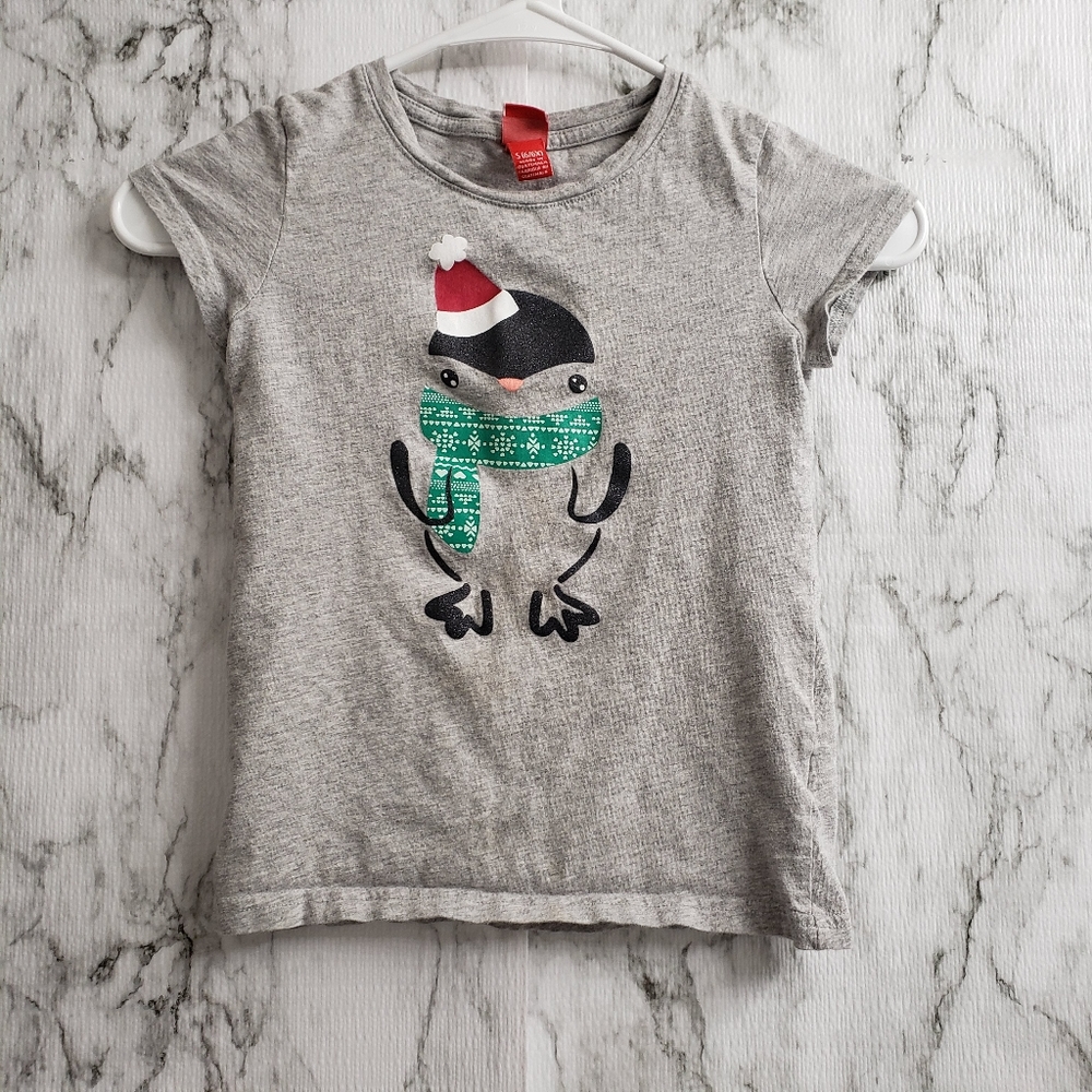 💕 Girls Shirt Gray Penguin Christmas Holiday S 6-6x